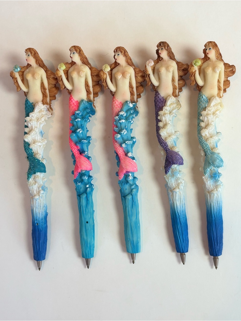 Set of 5 Mermaid Ocean Fantasy Novelty Ballpoint Pens Resin Sculpted Desk Deco
